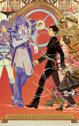 2girls 4boys absurdres ace_attorney adjusting_clothes adjusting_headwear ascot bangs_pinned_back barok_van_zieks black_hair blonde_hair blue_hair boots bowing brown_hair butler_bowing chinese_commentary commentary_request copyright_name cross_scar deerstalker detective fingerless_gloves gakuran gloves goggles goggles_on_head goggles_on_headwear hat herlock_sholmes highres iris_wilson katana kazuma_asogi lantern_madoyoi multiple_boys multiple_girls pink_hair ryunosuke_naruhodo scar school_uniform streamers susato_mikotoba sword the_great_ace_attorney weapon