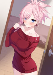 Rule 34 | 1girl, absurdres, alternate costume, arm under breasts, bare shoulders, bed, blue eyes, blush, breasts, closed mouth, collarbone, commentary, earrings, english commentary, eyes visible through hair, fate/grand order, fate (series), frown, hand up, highres, jewelry, large breasts, long hair, looking at viewer, maru.selinn, miyamoto musashi (fate), off-shoulder sweater, off shoulder, open door, pink hair, playing with hair, playing with own hair, ponytail, red sweater, solo, sweater, thighs, twirling hair, wooden floor