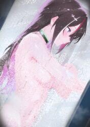1girl azki_(hololive) black_choker blush breasts brown_hair choker closed_mouth cohi27151463 colored_inner_hair commentary cowboy_shot dutch_angle from_side hair_intakes highres hololive long_hair medium_breasts multicolored_hair navel nude official_alternate_hairstyle pink_hair profile purple_eyes shower_(place) showering solo standing steam streaked_hair virtual_youtuber white_hair