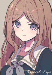 Rule 34 | 1girl, absurdres, bang dream!, bang dream! it&#039;s mygo!!!!!, blue eyes, blue shirt, blush, brown hair, character name, chinese commentary, closed mouth, collarbone, commentary request, grey background, grey neckerchief, highres, long hair, looking at viewer, nagasaki soyo, neckerchief, parted bangs, school uniform, shirt, sidelocks, simple background, solo, tsukinomori school uniform, upper body, zhong xiansheng