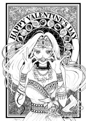 1girl absurdres alternate_costume artist_name border bracelet breasts candy chocolate choker cleavage commentary_request covering_own_mouth dragon_quest dragon_quest_vi dress dress_flower earrings floating_hair flower flower_necklace flower_request food gem happy_valentine highres holding holding_candy holding_food jewelry large_breasts long_hair looking_at_viewer low-tied_long_hair mayim mireyu monochrome multicolored_dress multiple_bracelets multiple_necklaces multiple_rings necklace parted_hair ring solo strapless strapless_dress tiara upper_body valentine wrapped_candy
