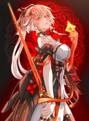 1girl bare_shoulders black_jacket body_markings braid breasts changli_(wuthering_waves) closed_mouth colored_extremities commentary_request cowboy_shot dress from_side hair_extensions hair_ornament heidianzashipu highres holding holding_sword holding_weapon jacket large_breasts looking_at_viewer multicolored_hair orange_eyes partial_commentary pink_hair red_hands ring_hair_extensions solo sword twin_braids two-tone_hair weapon white_dress white_hair wuthering_waves
