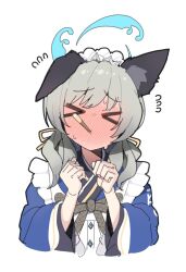 &gt;_&lt; 1girl animal_ears apron blue_archive blue_kimono blush clenched_hands cropped_torso dog_ears dog_girl embarrassed flying_sweatdrops food food_in_mouth frilled_apron frilled_kimono frills full-face_blush grey_hair halo hands_up highres japanese_clothes kimono low_twintails maid maid_apron maid_headdress mouth_hold patanda pocky pocky_in_mouth ribbon single_ear_down three-quarter_sleeves solo twintails umika_(blue_archive) upper_body wa_maid white_apron wide_sleeves