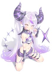 &gt;:p 1girl absurdres ahoge belt black_horns black_shorts collar commentary_request cropped_shirt demon_horns double-parted_bangs full_body gradient_hair grey_hair hair_between_eyes hand_up highres hololive horns kneeling la+_darknesss la+_darknesss_(4th_costume) large_horns long_hair looking_at_another looking_at_viewer metal_collar midriff multicolored_hair multiple_thigh_straps navel necktie official_alternate_costume official_alternate_hairstyle pointy_ears purple_belt purple_hair purple_necktie purple_sailor_collar revision sailor_collar shirt short_shorts shorts simple_background sleeveless sleeveless_shirt slit_pupils solo streaked_hair striped_horns syam_illust tail twintails very_long_hair virtual_youtuber white_background white_shirt yellow_eyes