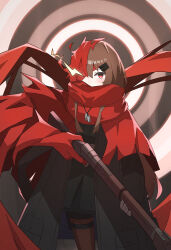 1girl absurdres bag_(bag5843752) bandaged_fingers bandages black_coat black_pantyhose black_skirt brown_hair circle coat cowboy_shot dog_tags e.g.o_(project_moon) fell_bullet_(e.g.o) flaming_eye grey_background gun hair_between_eyes highres holding holding_gun holding_weapon long_sleeves looking_at_viewer marfusha_(sentinel_girls) medium_hair multicolored_hair one_eye_covered open_clothes open_coat pantyhose project_moon red_eyes red_hair rifle sentinel_girls skirt solo two-tone_hair weapon