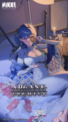 Rule 34 | 1girl, artist request, blue hair, candle, candlestand, card, character request, commentary, covered navel, dress, english commentary, english text, goddess of victory: nikke, gown, highres, jewelry, long sleeves, nightgown, official art, ouija, solo, white nightgown