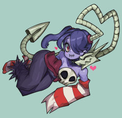 1girl blue_background blue_hair blue_skin colored_skin detached_collar hair_over_one_eye heart highres leviathan_(skullgirls) nuzzle red_eyes side_ponytail skullgirls smile solo squigly_(skullgirls) striped_legwear waa153 zombie