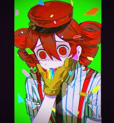 Rule 34 | collared shirt, confetti, double-parted bangs, drill hair, flat chest, flower, gloves, hair between eyes, hand on own face, hand up, hat, kasane teto, kepi, mesmerizer (vocaloid), military hat, pinstripe pattern, pinstripe shirt, red eyes, red hat, rice (somasuki 77), shirt, short sleeves, sleeves rolled up, sweat, tears, twin drills, upper body, utau, vomit, vomiting, vomiting rainbows, wing collar, yellow gloves