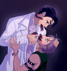 Rule 34 | 2boys, alien stage, armband, beodeul, black eyes, black hair, bracelet, bug, centipede, choker, coat, commentary, english commentary, green eyes, green tank top, grey choker, grey hair, grey shirt, headset, highres, holding another&#039;s hair, ivan (alien stage), jewelry, korean commentary, male focus, microphone, mixed-language commentary, multiple boys, red pupils, shirt, tank top, till (alien stage), white coat