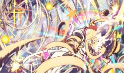 1boy alternate_form arm_up clenched_hand colorful commentary curly_eyebrows devil_fruit_power dynamic_pose elasticity english_commentary floating foreshortening gear_fifth grin hagoromo hat highres kicking male_focus monkey_d._luffy motion_lines official_alternate_hair_color one_piece orange_eyes pants purple_sash sash shawl short_hair smile solo sparkle star_(symbol) straw_hat taku_(aywakutakuay) white_hair white_pants