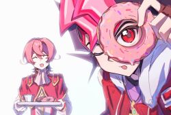 2boys :d ascot black_hair close-up closed_eyes colored_bangs donut double-parted_bangs dress_shirt facing_another facing_viewer food gold_necklace hand_up highres holding holding_donut holding_food holding_tray hood hooded_vest hoodie iii_(yu-gi-oh!) jewelry leaning_forward looking_at_viewer looking_through_donut male_focus multiple_boys necklace one_eye_closed open_clothes open_mouth open_vest outstretched_arms pink_ascot pink_shirt purple_shirt red_eyes red_hair red_tunic shirt smile spiked_hair tearing_up trap tray tsukumo_yuma tunic vest victorian white_background white_hood wushuang566 yellow_trim yu-gi-oh! yu-gi-oh!_zexal
