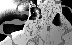 2girls :d absurdres armlet bare_shoulders black_background chinese_clothes chinese_text dress grabbing_another&#039;s_sleeve hagoromo hair_ornament hair_over_one_eye hand_on_another&#039;s_shoulder hand_up hanfu highres jewelry leaf_hair_ornament long_hair multiple_girls necklace official_alternate_costume one_eye_covered open_mouth reverse:1999 rokilly shawl short_hair smile snake_hair_ornament sweat translation_request tuesday_(reverse:1999) tuesday_(story_of_the_jade_vase)_(reverse:1999) upper_body veil weimao wide_sleeves windsong_(records_from_the_jade_hunt)_(reverse:1999) windsong_(reverse:1999)