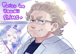 1boy 1girl brown_hair closed_mouth commentary_request copyright_name deep_blizzard_(dbmiyuki) double_bun facial_hair furrowed_brow glasses green_eyes hair_bun hat highres lab_coat long_hair looking_at_viewer mado_hiroshi mature_male monster_girl o3o puniru_(puniru_wa_kawaii_slime) puniru_wa_kawaii_slime purple_hair short_hair slime_girl smile stubble sweatdrop thick_eyebrows top_hat upper_body