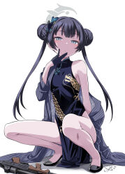 1girl absurdres black_dress black_gloves black_hair black_shoes blue_archive braid braided_bun breasts butterfly_hair_ornament china_dress chinese_clothes commentary_request cs/ls06 double_bun dragon_print dress finger_to_mouth gloves grey_eyes grey_halo grey_jacket hair_bun hair_ornament half_gloves halo highres jacket kisaki_(blue_archive) long_hair looking_at_viewer off_shoulder okara parted_lips pelvic_curtain print_dress shoes simple_background sleeveless sleeveless_dress small_breasts solo squatting striped_clothes striped_jacket twintails vertical-striped_clothes vertical-striped_jacket white_background