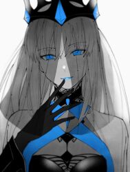 1girl black_gloves blue_eyes crown euhage73 fate/grand_order fate_(series) gloves hair_between_eyes highres long_hair looking_at_viewer morgan_le_fay_(fate) morgan_le_fay_(queen_of_winter)_(fate) ponytail simple_background smile solo spikes veil white_hair