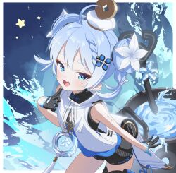 1girl black_gloves black_shorts blue_eyes blue_hair blue_hands blush coin coin_hat_ornament commentary_request double_bun fang finger_to_mouth flower gloves hair_bun hair_flower hair_ornament half_gloves hat_ornament highres holed_coin kaerunrun leaning_forward looking_at_viewer open_mouth short_hair short_shorts shorts skin_fang smile solo tacet_mark_(wuthering_waves) wuthering_waves youhu_(wuthering_waves)