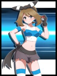 1girl absurdres alternate_legwear armband bandana bare_shoulders black_border black_gloves blue_armband blush border breasts brown_hair closed_mouth collarbone commentary_request cosplay cowboy_shot crop_top gloves grey_eyes highres holding holding_poke_ball looking_at_viewer may_(pokemon) midriff navel nintendo outside_border poke_ball poke_ball_(basic) pokemon pokemon_oras shabana_may shirt shorts sleeveless small_breasts solo striped_clothes striped_thighhighs team_aqua team_aqua_grunt team_aqua_grunt_(cosplay) team_aqua_uniform thighhighs