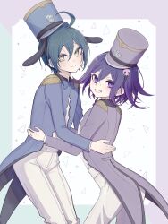 2boys ahoge alternate_costume animal_ears bishounen black_hair blush closed_mouth coattails commentary_request danganronpa_(series) danganronpa_v3:_killing_harmony eyelashes fake_animal_ears flipped_hair from_side grin hair_between_eyes hat height_difference highres hug long_sleeves looking_at_viewer male_focus medium_hair mion_danron multiple_boys oma_kokichi pants purple_eyes purple_hair saihara_shuichi shirt short_hair simple_background smile standing teeth top_hat white_pants yaoi