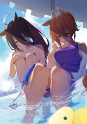 Rule 34 | 2girls, absurdres, agnes tachyon (umamusume), ahoge, alternate costume, animal ears, black hair, ear tag, earrings, gorioshi0802, hair between eyes, highres, holding, holding hose, horse ears, horse girl, horse tail, hose, jewelry, long bangs, long hair between eyes, manhattan cafe (umamusume), multiple girls, ponytail, single earring, sitting, soaking feet, summer, sweat, tail, tracen swimsuit, umamusume, yellow eyes