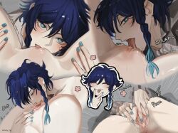 1boy 1girl androgynous aqua_nails black_hair blue_hair braid clitoral_stimulation female_masturbation fingering genshin_impact gradient_hair green_eyes highres looking_at_viewer male_focus masturbation multicolored_hair nail_polish pussy_juice short_hair_with_long_locks trap twitter_username unholy_zig venti_(genshin_impact)
