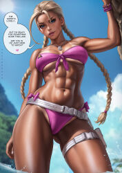 1girl abs absurdres beach belt bikini blonde_hair blue_eyes blue_sky bracelet braid breasts cammy_white cleavage commentary dandon_fuga english_commentary english_text facial_scar front-tie_bikini_top front-tie_top gluteal_fold highres jewelry low_twin_braids muscular muscular_female navel necklace official_alternate_costume paid_reward_available parted_lips pink_bikini pouch scar scar_on_cheek scar_on_face seductive_smile sky smile solo speech_bubble stomach strapless strapless_bikini street_fighter street_fighter_6 swimsuit tan tanline thigh_pouch thigh_strap twin_braids water white_belt