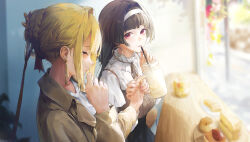 2girls absurdres alternate_costume astra_yao black_hair blonde_hair cake casual closed_eyes coat drinking drinking_straw earrings evelyn_chevalier food hairband highres holding_hands indoors jewelry long_hair long_sleeves multiple_girls outdoors red_eyes shirt swkl:d white_hairband white_shirt zenless_zone_zero