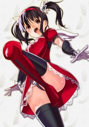 1girl absurdres armor bad_link black_hair black_panties blush boots breasts brown_eyes detached_leggings dress fighting_vipers headband highres honey_(fighting_vipers) looking_at_viewer looking_down medium_breasts neck_collar open_clothes panties pantyshot red_boots red_dress red_headband smile solo standing standing_on_one_leg thighhighs toku_sonchou twintails underwear