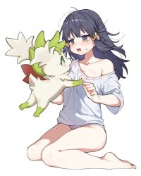 1girl bare_legs barefoot black_hair blue_eyes blush breasts commission dawn_(pokemon) gen_4_pokemon green_eyes highres hufy legendary_pokemon long_hair medium_breasts mythical_pokemon nintendo off_shoulder open_mouth panties pokemon pokemon_(creature) pokemon_dppt shaymin shaymin_(sky) shirt simple_background sitting sweat underwear white_background white_shirt