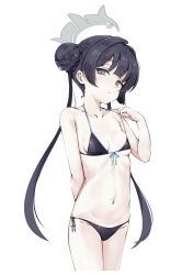 1girl absurdres adjusting_clothes adjusting_swimsuit arm_behind_back bikini black_bikini black_hair blue_archive breasts collarbone double_bun front-tie_bikini_top front-tie_top grey_eyes grey_halo hair_bun halo halterneck hand_up highres kisaki_(blue_archive) komasi long_hair looking_at_viewer navel side-tie_bikini_bottom simple_background small_breasts solo swimsuit twintails very_long_hair white_background