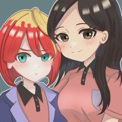 2girls 3656_chan ahoge alternate_costume black_eyes black_hair blonde_hair blush breast_pocket breasts closed_mouth collared_jacket collared_shirt commentary_request eri_(pokemon) eyelashes freckles green_eyes highres jacket long_hair mela_(pokemon) multicolored_hair multiple_girls nintendo official_alternate_hairstyle open_clothes open_jacket outline pink_shirt pocket pokemon pokemon_sv purple_jacket red_hair shirt short_hair short_sleeves simple_background smile team_star two-tone_hair