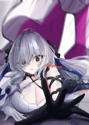 1girl absurdres biting_own_lip black_gloves breasts bronya_zaychik bronya_zaychik_(silverwing:_n-ex) cleavage crossed_bangs dress gloves grey_hair hair_between_eyes hair_over_one_eye highres honkai_(series) honkai_impact_3rd huge_breasts large_breasts long_hair motion_lines multicolored_hair reaching reaching_towards_viewer royo21294110 short_dress two-tone_hair white_dress white_gloves