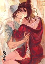 Rule 34 | 2boys, absurdres, anal, artist request, back, bandaged arm, bandaged hand, bandaged neck, bandaged torso, bandages, bare shoulders, black hair, blush, brown hair, chinese clothes, chinese commentary, clothes lift, commission, convenient censoring, cum, cumdrip, curtains, dao gui yi xian, eye contact, grey eyes, hair bun, hair ribbon, half updo, hand on another&#039;s shoulder, hand on another&#039;s waist, hanfu, hat, hat ribbon, highres, implied sex, indoors, jin (headwear), lattice, li huowang, lifting another&#039;s clothes, long hair, long sleeves, looking at another, male focus, medium hair, multiple boys, off shoulder, parted lips, red eyes, red ribbon, red robe, ribbon, robe, saliva, scar, scar on arm, scar on back, scar on leg, second-party source, sex, single hair bun, sitting, sitting on person, straddling, sweat, upright straddle, white hanfu, white hat, white ribbon, window, yaoi, zhouzi jin (headwear), zhuge yuan