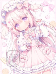 Rule 34 | 1girl, :o, animal, animal hug, blush, bow, brown hair, commentary, cross, cross hair ornament, frilled skirt, frills, hair between eyes, hair ornament, heart, heart hair ornament, high-waist skirt, highres, latin cross, long hair, long sleeves, looking at viewer, original, parted lips, pinching sleeves, pink bow, pink skirt, pleated skirt, puffy long sleeves, puffy sleeves, purple eyes, rabbit, shirt, skirt, sleeves past wrists, solo, symbol-only commentary, two side up, usashiro mani, very long hair, watermark, white shirt