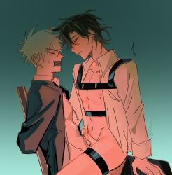 2boys anal bare_pectorals bdsm belt black_belt black_hair black_jacket black_pants blonde_hair blue_background blush bondage bottomless bound censored chair cheng_xiaoshi chest_belt chest_harness clenched_teeth closed_eyes clothes_pull collarbone collared_shirt cum cum_on_body cum_on_male cum_on_stomach ejaculating_while_penetrated ejaculation erection gag gagged gradient_background harness highres improvised_gag jacket looking_at_another lu_guang male_focus multiple_boys navel nipples on_chair open_clothes open_jacket open_mouth open_shirt pants pants_pull parted_lips pectorals penis ponytail profile sex shannontay67979 shiguang_dailiren shirt short_hair short_ponytail simple_background sitting sitting_on_lap sitting_on_person straddling sweat tape tape_gag teeth thigh_strap uncensored upright_straddle white_hair white_shirt yaoi