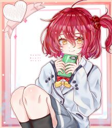 1girl ahoge blazer blush bow bowtie cellphone chinese_commentary closed_mouth commentary_request feet_out_of_frame grey_skirt hair_bobbles hair_ornament heart highres holding holding_phone jacket knees_up komari_chika long_sleeves looking_at_viewer make_heroine_ga_oo_sugiru! one_side_up phone pleated_skirt red_bow red_bowtie red_hair school_uniform short_hair sitting skirt smartphone smile solo tsuwabuki_high_school_uniform user_rtrf5847 white_jacket yellow_bow yellow_bowtie yellow_eyes