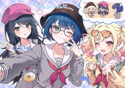 3girls :o backpack bag bespectacled black_hair blonde_hair blue_eyes blue_hair blush bow breast_pocket breasts brown_hat cardigan chibi closed_mouth collarbone donut eyewear_on_head food funade_no_mae_no_one_day_trip_(project_sekai) glasses gradient_hair grey_eyes grey_serafuku grey_shirt grey_skirt gyaru_w hand_up hat heart highres hoshino_ichika_(project_sekai) kheng_(k_heng1223) kiritani_haruka long_hair long_sleeves medium_hair miyamasuzaka_girls&#039;_academy_school_uniform multicolored_hair multiple_girls neckerchief one_eye_closed open_mouth orange-tinted_eyewear pink_hair pink_hat pixel_heart pleated_skirt pocket project_sekai red_neckerchief sailor_collar school_uniform selfie serafuku shirt short_hair sidelocks skirt small_breasts smile sweatdrop swept_bangs tenma_saki tinted_eyewear translation_request twintails upper_body v w white_bow white_sailor_collar white_sleeve_cuffs yellow_cardigan