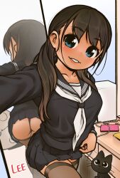 1girl black_cat black_hair black_sailor_collar black_serafuku black_skirt black_thighhighs blue_eyes breasts cat collarbone commentary_request dark-skinned_female dark_skin indoors large_breasts lee_(colt) long_hair long_sleeves looking_at_viewer miniskirt mirror original pleated_skirt sailor_collar sailor_shirt school_uniform selfie serafuku shirt skirt thighhighs variant_set