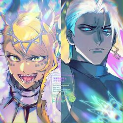 01rosso 1boy 1girl armor black_shirt blonde_hair blue_eyes cape colored_sclera colored_skin dark-skinned_female dark_skin dragon_girl dragon_horns earrings facial_mark fate/grand_order fate_(series) fur_cape grey_sclera grey_skin hair_ornament hair_slicked_back horns indra_(fate) jewelry lightning_bolt_facial_mark long_hair open_mouth sharp_teeth shirt short_hair side_labret_piercing sleeveless sleeveless_shirt swept_bangs teeth upper_body vritra_(fate) white_armor white_hair yellow_eyes