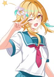 1girl absurdres alternate_costume blonde_hair blush commentary_request feather_hair_ornament feathers flower genshin_impact grey_sailor_collar grey_skirt hair_flower hair_intakes hair_ornament highres kenomotsu_yukuwa looking_at_viewer lumine_(genshin_impact) necktie one_eye_closed open_mouth pink_feathers red_necktie sailor_collar school_uniform serafuku shirt short_hair short_hair_with_long_locks short_sleeves simple_background skirt smile solo star_(symbol) teeth tie_clip upper_body upper_teeth_only v v_over_eye white_background white_shirt yellow_eyes