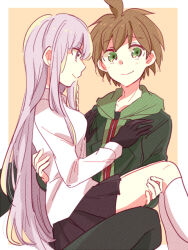 1boy 1girl ahoge black_gloves black_skirt brown_hair carrying danganronpa:_trigger_happy_havoc danganronpa_(series) gloves green_eyes green_hoodie hood hoodie kirigiri_kyoko long_hair naegi_makoto pleated_skirt princess_carry purple_eyes purple_hair shirt short_hair skirt white_shirt zawameki