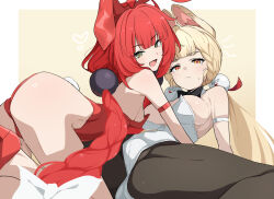2girls :d alice_thymefield alternate_costume ass bare_legs bare_shoulders black_pantyhose blonde_hair breasts commentary donutman highres large_breasts leotard long_hair looking_at_viewer low_twintails multiple_girls open_mouth pantyhose playboy_bunny red_hair smile symbol-only_commentary twintails two-tone_background ukinami_yuzuha white_background yellow_background zenless_zone_zero