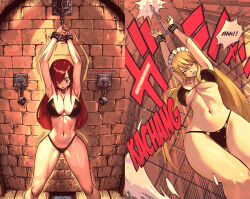 Rule 34 | 2girls, armpits, arms up, bikini, black bikini, blonde hair, breasts, cleavage, closed eyes, colorized, curvy, erza scarlet, fairy tail, gxthebatman, hair over one eye, highres, large breasts, long hair, lucy heartfilia, maid headdress, mashima hiro, multiple girls, navel, red hair, restrained, stomach, swimsuit, thighs, third-party edit, twintails, underboob, wide hips