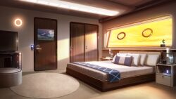 bed bedroom carpet ceiling_light cloud cloudy_sky coffee_maker cushion door drawer highres indoors keypad microwave no_humans non-web_source ocean official_art orange_light our_life:_beginnings_and_always photo_(object) pillow rug scenery sky sunlight sunset television towel window