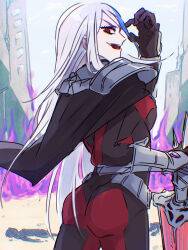 1girl armor ass ass_focus blue_hair female_focus highres holding holding_sword holding_weapon looking_at_viewer open_mouth red_eyes shoulder_armor simple_background solo standing sword the_hundred_line_-last_defense_academy- turning_head v&#039;ehxness weapon white_background
