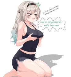 &gt;_&lt; 1girl absurdres black_hairband black_shorts blush breasts closed_mouth collarbone crop_top embarrassed firefly_(honkai:_star_rail) gradient_hair grey_hair hair_between_eyes hair_ornament hairband hands_on_own_chest highres honkai:_star_rail honkai_(series) large_breasts long_hair maxwelzy multicolored_hair seiza shadow shorts simple_background sitting sleeveless speech_bubble tears thighs white_background