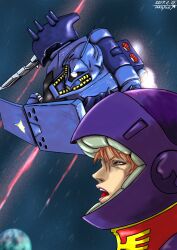 1girl 2017 battle blurry blurry_background brown_hair char&#039;s_counterattack commentary_request dated earth_(planet) energy_beam geara_doga geara_doga_(rezin_schnyder_custom) gundam helmet highres mecha mobile_suit neo_zeon one-eyed open_mouth photoshop_(medium) pilot_suit planet rezin_schnyder robot shield shoulder_spikes signature space space_helmet spacesuit spikes