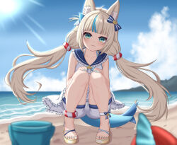 1girl :3 absurdres animal_ears azunyart beach blue_bow blue_eyes blue_nails blue_sky blue_streaks bow bucket cat_ears cloud cloudy_sky day dress fins fish_tail hair_bow highres indie_virtual_youtuber lifebuoy_hair_ornament long_hair looking_at_viewer low_twintails nail_polish sailor_dress sameko_saba sand sandals short_shorts shorts sky solo squatting sun tail toenail_polish toenails twintails virtual_youtuber white_dress white_shorts