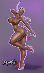 1girl ass b3b bodypaint braid braided_ponytail breasts curvy dark-skinned_female dark_skin dolores_(kof) female_focus from_behind frostyvector gold green_eyes heel_up huge_ass huge_breasts large_breasts leg_up looking_back multicolored_hair nipples no_panties purple_hair shiny_skin standing standing_on_one_leg the_king_of_fighters thick_lips thick_thighs thighs two-tone_hair white_hair wide_hips