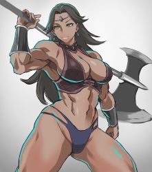 1girl abs amazon_(goblin_slayer!) amazon_warrior amazon_warrior_(goblin_slayer!) axe battle_axe biceps breasts brown_eyes brown_hair circlet cleavage closed_mouth dark-skinned_female dark_skin female_focus goblin_slayer! highres holding holding_axe holding_weapon large_breasts long_hair muscular muscular_female navel over_shoulder shibusun smile solo thick_thighs thighs warrior weapon