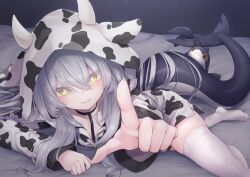 1girl animal_costume animal_ears animal_hood animal_print black_choker choker cow_ears cow_horns cow_print cow_tail fins fish_tail foreshortening grey_hair grin hair_between_eyes hood hood_up hoodie horns long_hair long_sleeves looking_at_viewer lying no_shoes on_bed on_stomach parted_lips pointing pointing_at_viewer ribbon rurune_(vrchat) shark shark_girl shark_tail skindentation smile solo stuffed_animal stuffed_toy tail thighhighs very_long_hair vrchat white_thighhighs yellow_eyes yuki_kawachi